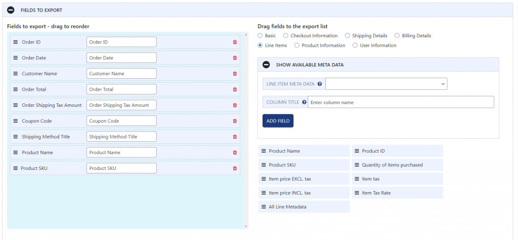 WooCommerce Export Orders Fields to Export