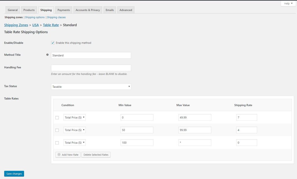 Table Rate Shipping for WooCommerce Options