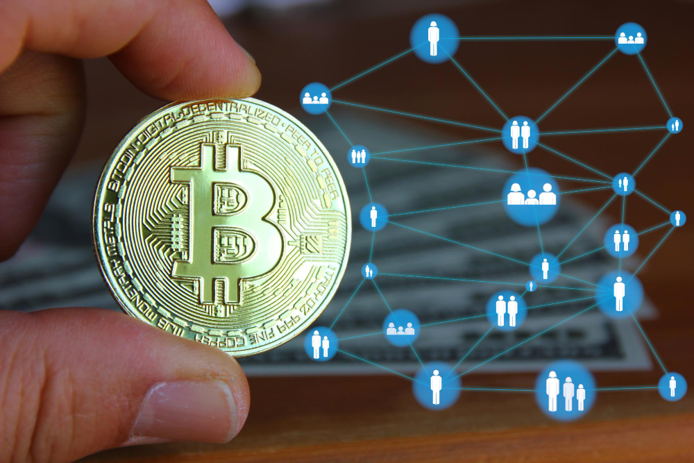 Bitcoin With People Hand Holding Bitcoin With Network People