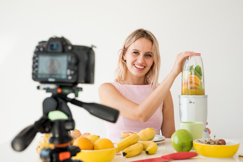 Blonde Influencer Recording Nutrition Food