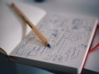 blue ballpoint pen on white notebook youtube end screen template, video outro, graphic design