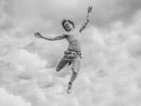 grayscale photo of person jumping overlooking clouds softball cricket, players, match action