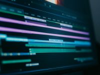 black flat screen computer monitor video editing, desktop software, timeline interface