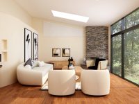 white sofa set on brown wooden parquet floor earth tone living room, interior design, brown accents