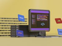 a computer screen with a keyboard and a box with a logo developer coding laptop, security alert dashboard, devsecops workflow