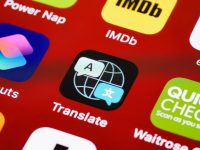 red and blue labeled box smartphone translation app interface, travel conversation, language app screen