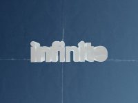 The word infinito in white 3D letters linkedin profile interface, open to work banner, professional headshot