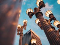 turned-on lights bright illuminated business sign at night, los angeles street, city lights