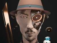 a man wearing a hat and a mask ai avatar interface, 3d character creation, digital human software, animation dashboard